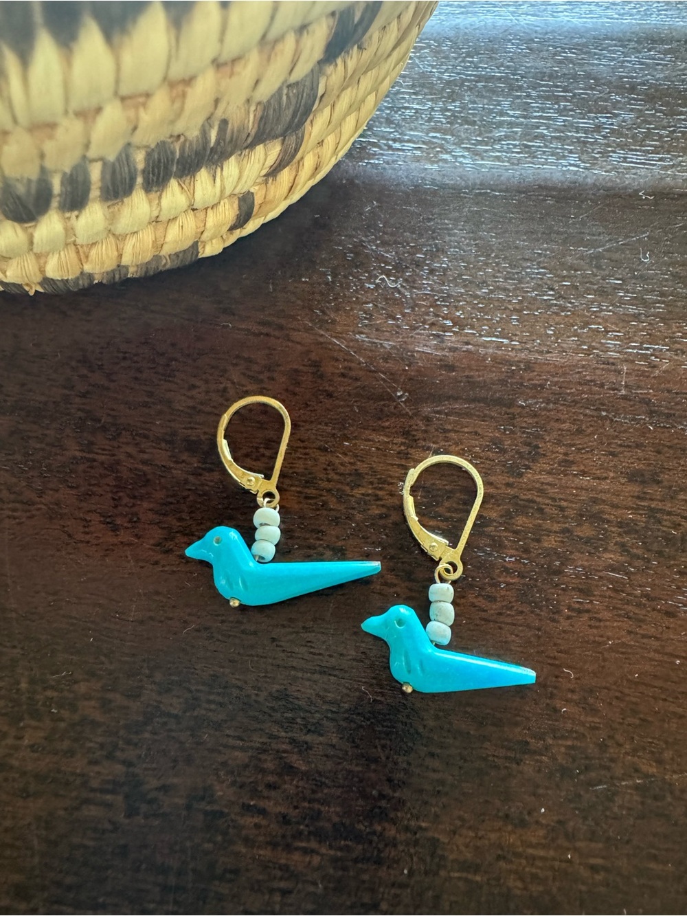 Turquoise Fetish Bird Gold Drop Earrings ✨